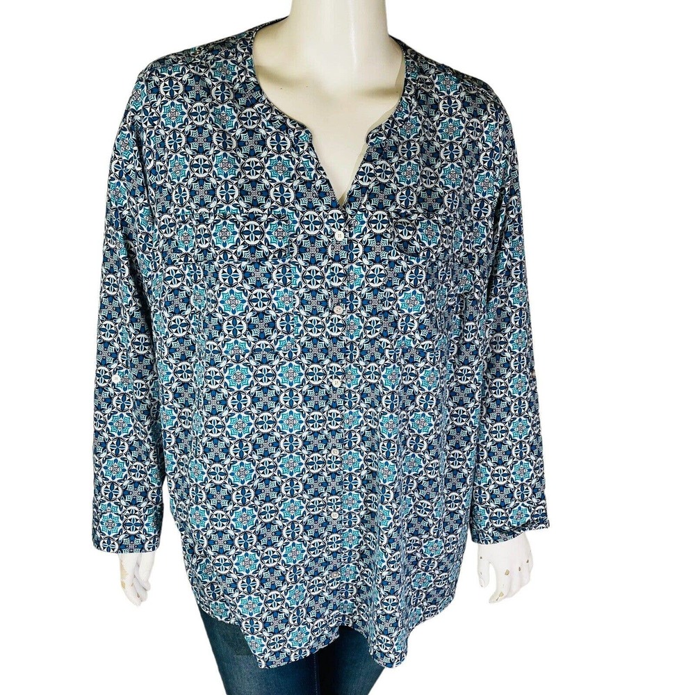 Croft & Barrow Womans Sz 3X Blouse Blue White Floral Button Front